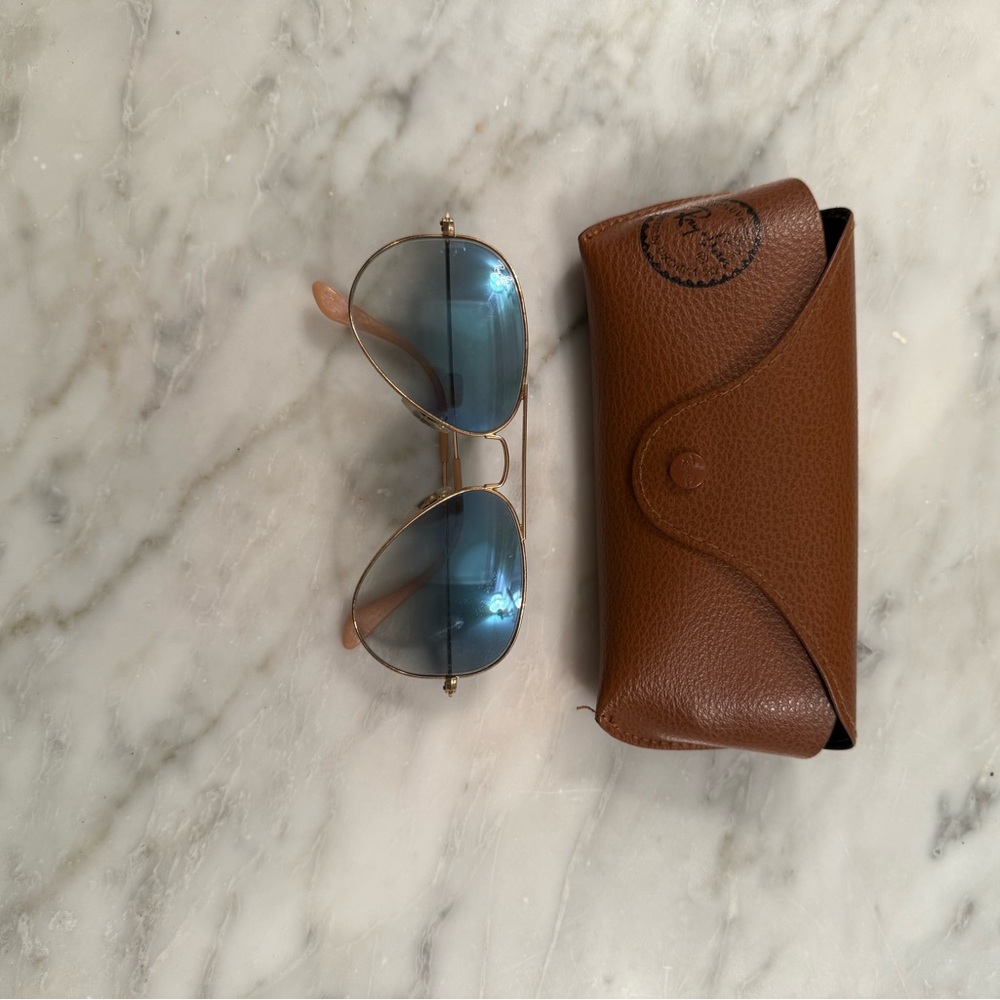 Ray-Ban Gold Frame Sunglasses with Blue Lenses and Brown Case